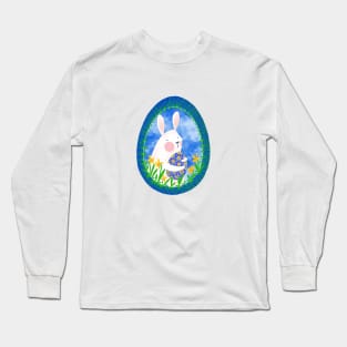 Cute white bunny with floral easter egg decoration on blue sky, version 1 Long Sleeve T-Shirt